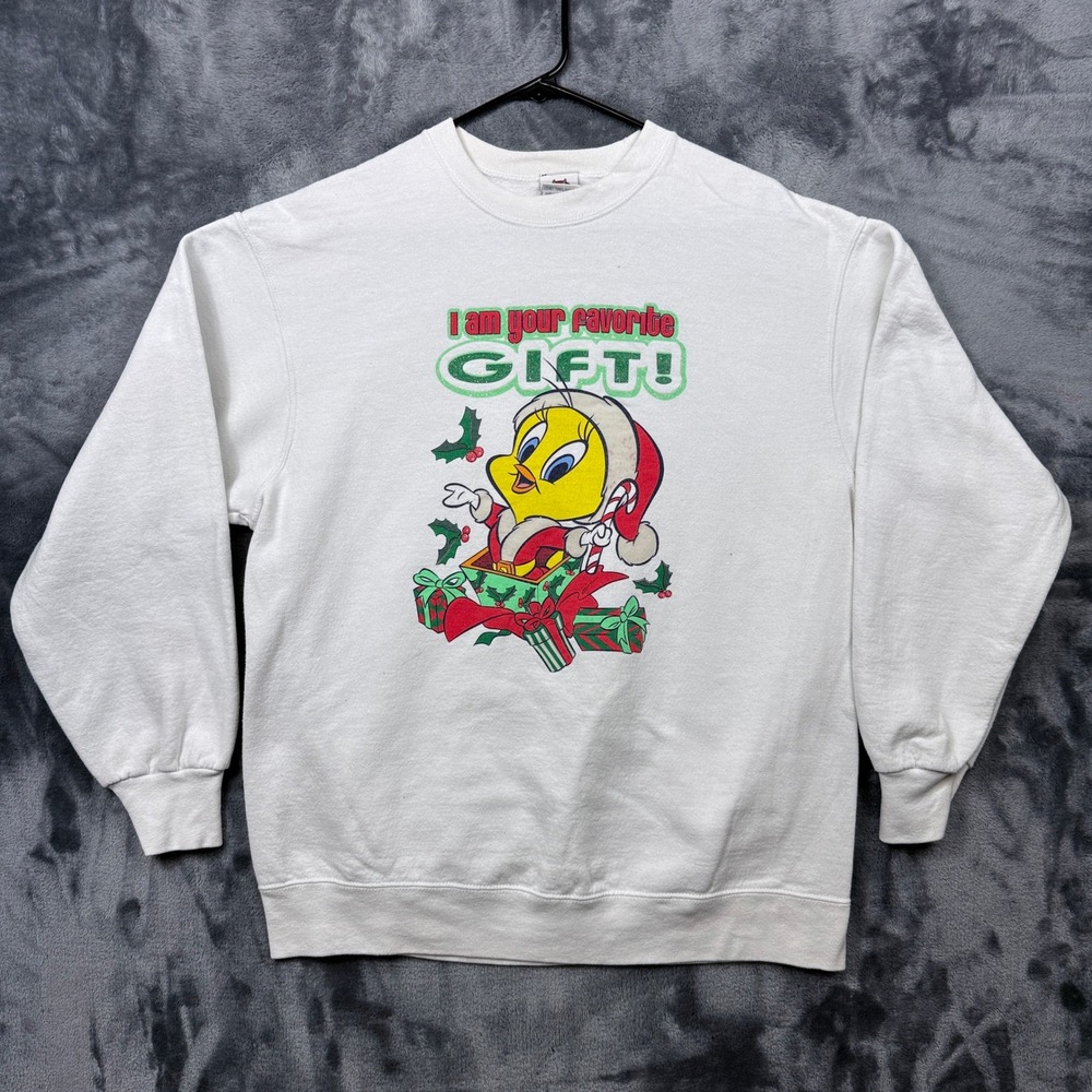 Freeze Looney Tunes Sweatshirt Womens Large White Tweety Bird Christmas Vintage